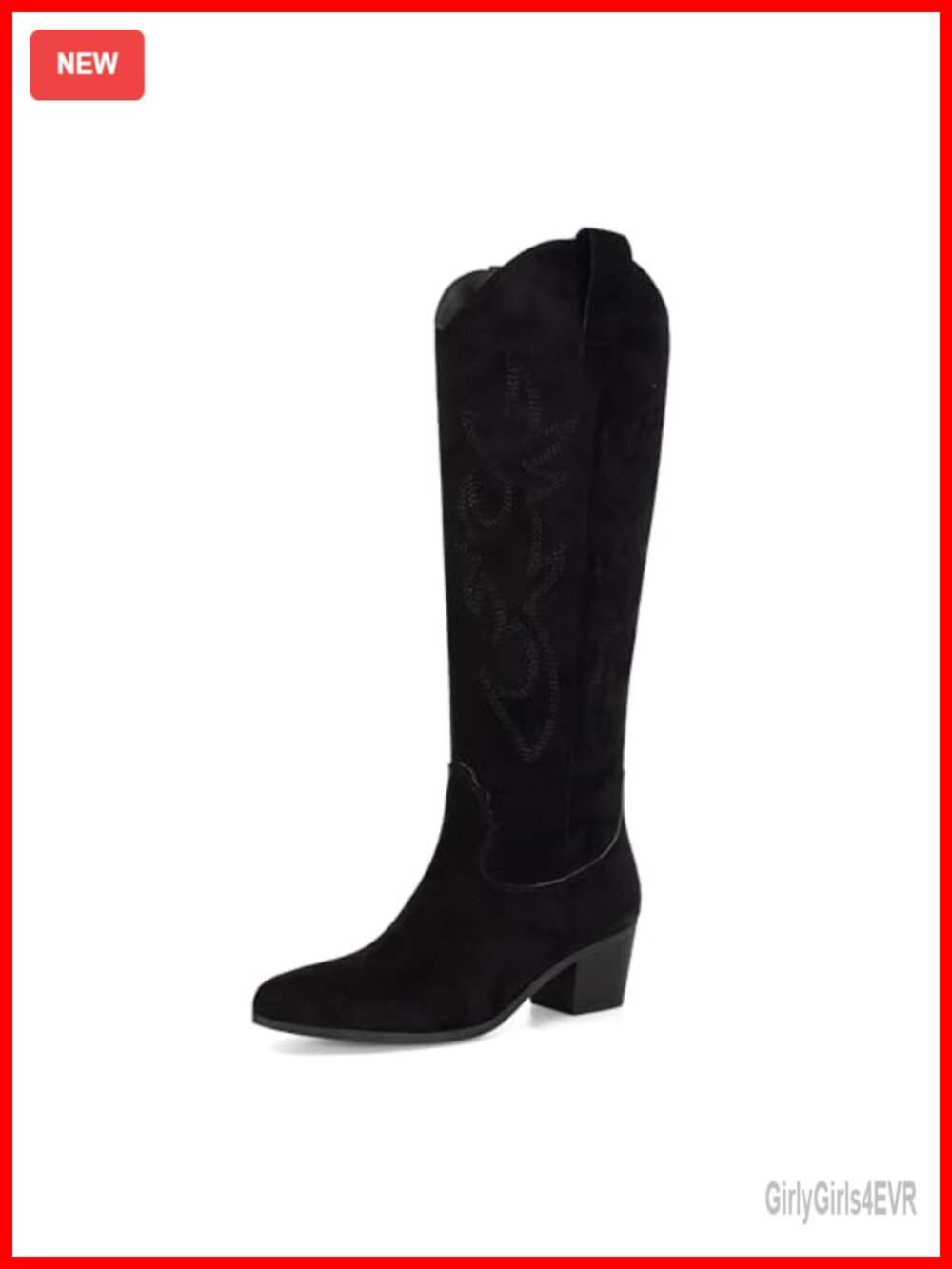 Women's Suede Embroidered Cowgirl Knee High Boots Western Pointed Toe Chunky